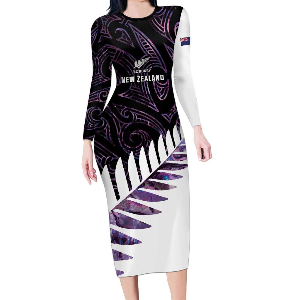 New Zealand Silver Fern Rugby Custom Long Sleeve Bodycon Dress Go All Black Purple Maori Paua Shell - Polynesian Pride