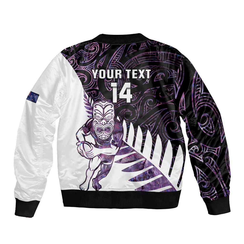 New Zealand Silver Fern Rugby Custom Sleeve Zip Bomber Jacket Go All Black Purple Maori Paua Shell LT14 - Polynesian Pride
