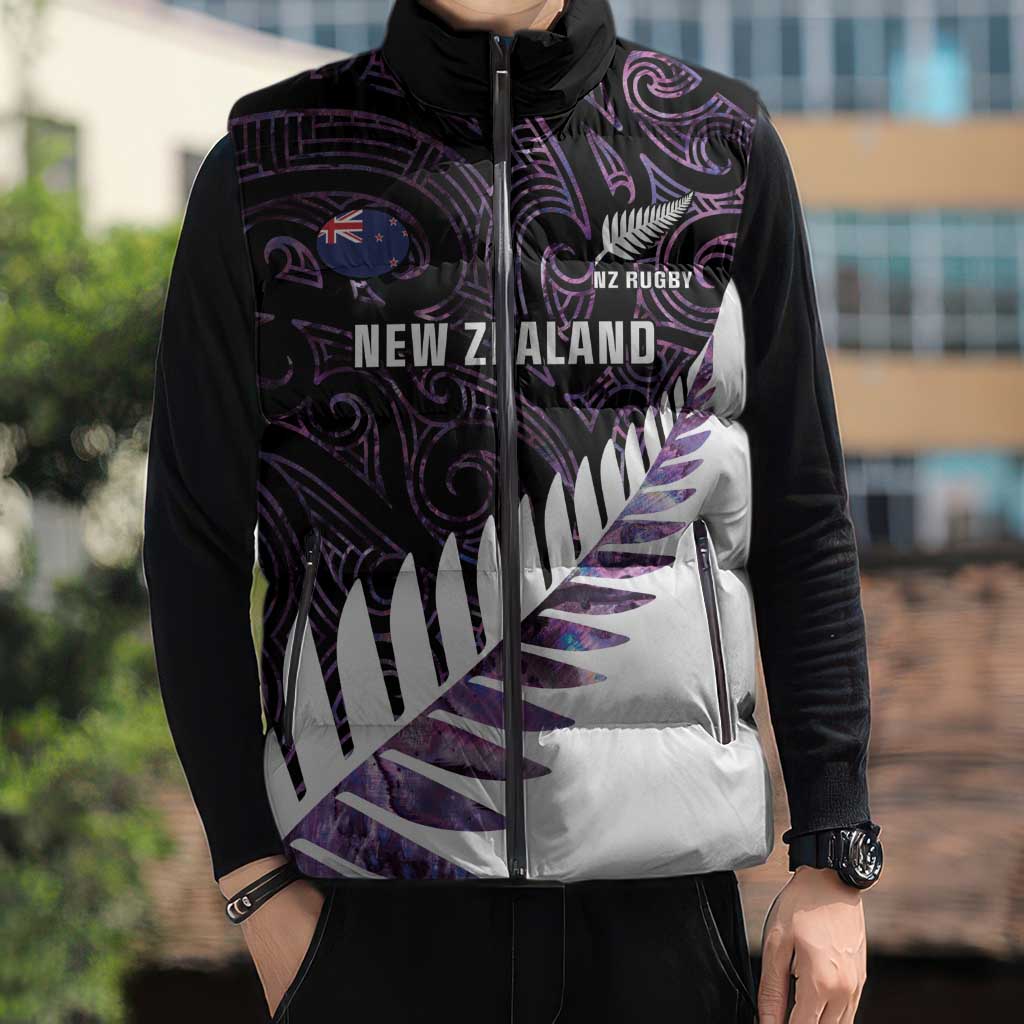 New Zealand Silver Fern Rugby Custom Sleeveless Puffer Jacket Go All Black Purple Maori Paua Shell - Polynesian Pride