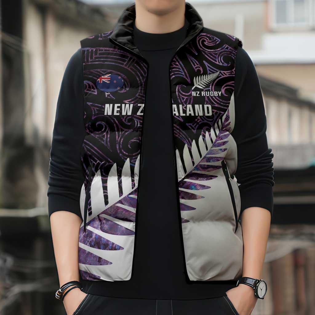 New Zealand Silver Fern Rugby Custom Sleeveless Puffer Jacket Go All Black Purple Maori Paua Shell - Polynesian Pride