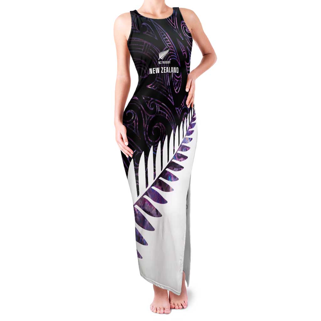 New Zealand Silver Fern Rugby Custom Tank Maxi Dress Go All Black Purple Maori Paua Shell - Polynesian Pride