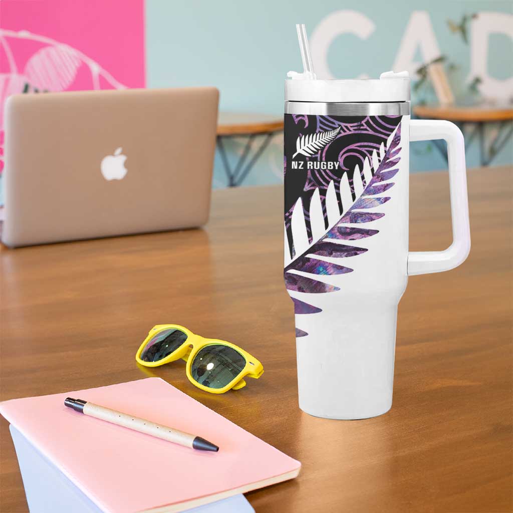 New Zealand Silver Fern Rugby Custom Tumbler With Handle Go All Black Purple Maori Paua Shell - Polynesian Pride