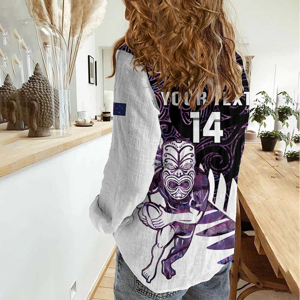 New Zealand Silver Fern Rugby Custom Women Casual Shirt Go All Black Purple Maori Paua Shell - Polynesian Pride