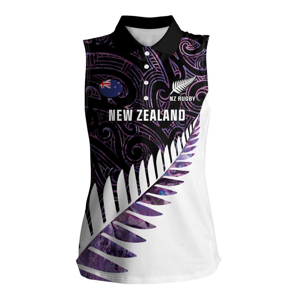 New Zealand Silver Fern Rugby Custom Women Sleeveless Polo Shirt Go All Black Purple Maori Paua Shell - Polynesian Pride