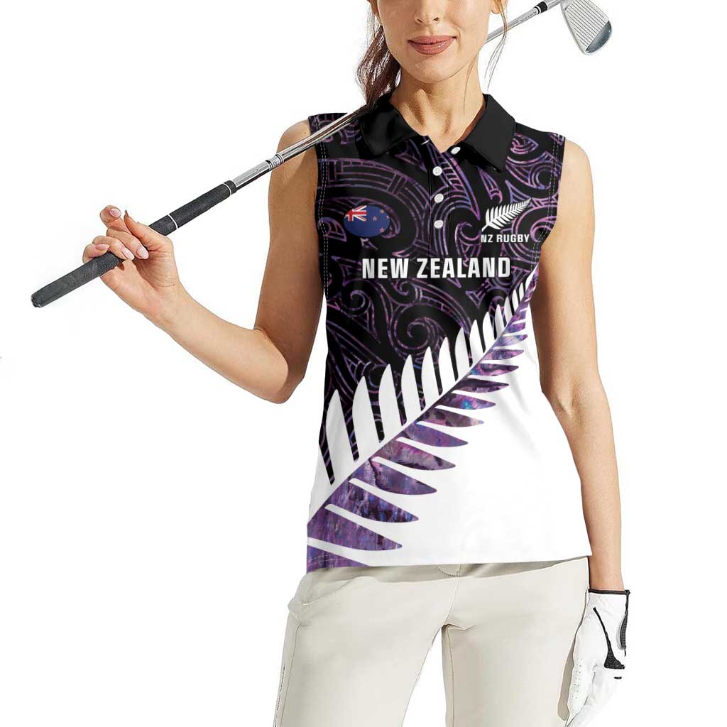 New Zealand Silver Fern Rugby Custom Women Sleeveless Polo Shirt Go All Black Purple Maori Paua Shell - Polynesian Pride