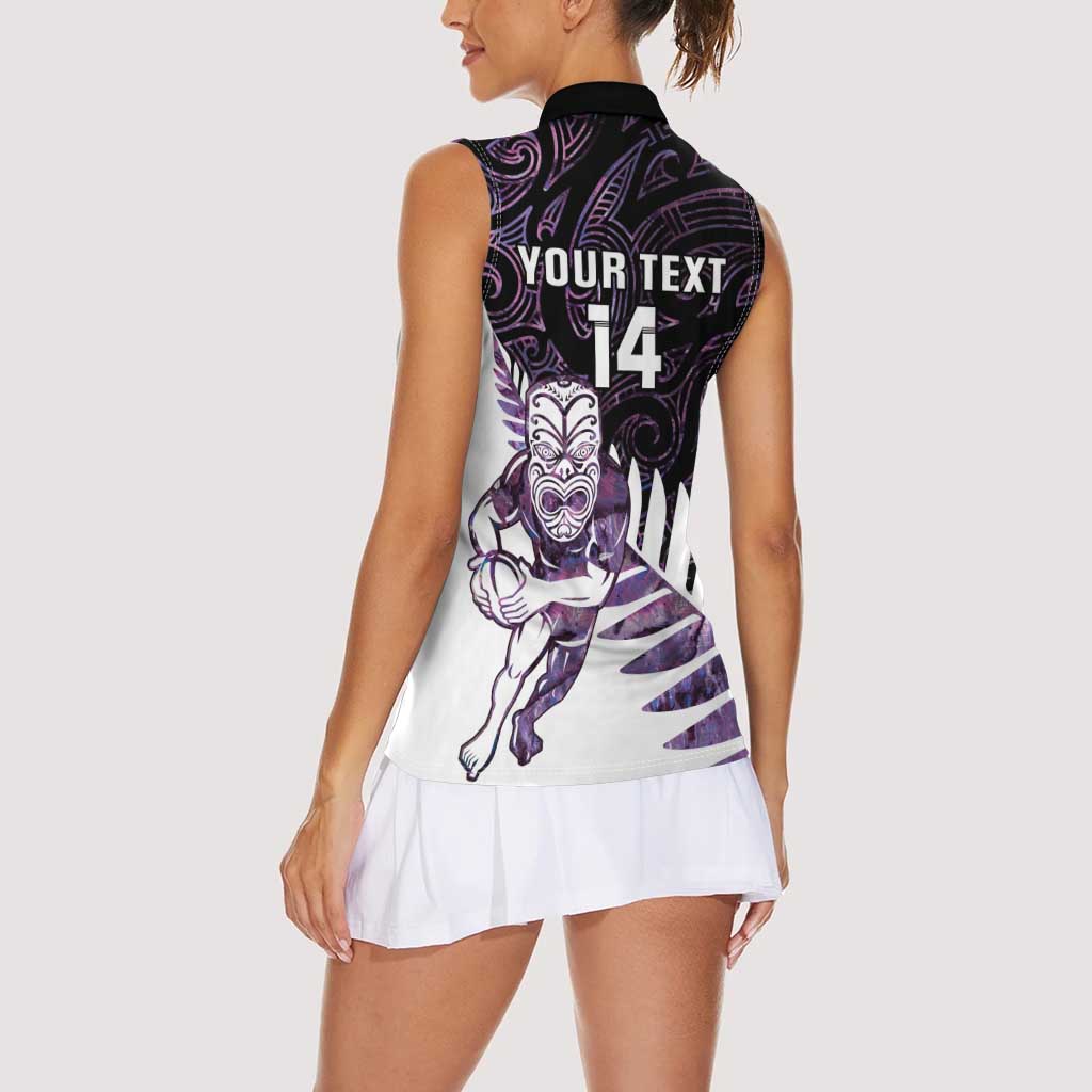 New Zealand Silver Fern Rugby Custom Women Sleeveless Polo Shirt Go All Black Purple Maori Paua Shell - Polynesian Pride