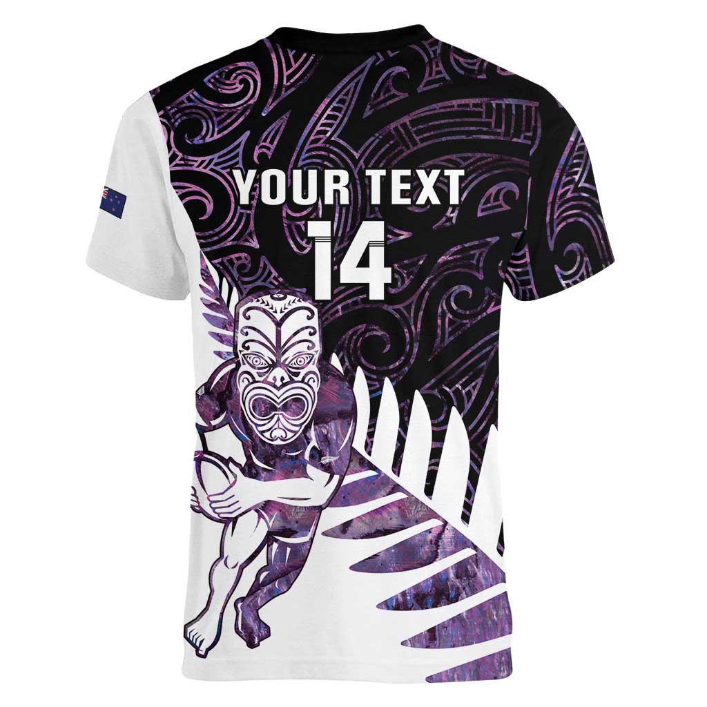 New Zealand Silver Fern Rugby Custom Women V-Neck T-Shirt Go All Black Purple Maori Paua Shell LT14 - Polynesian Pride