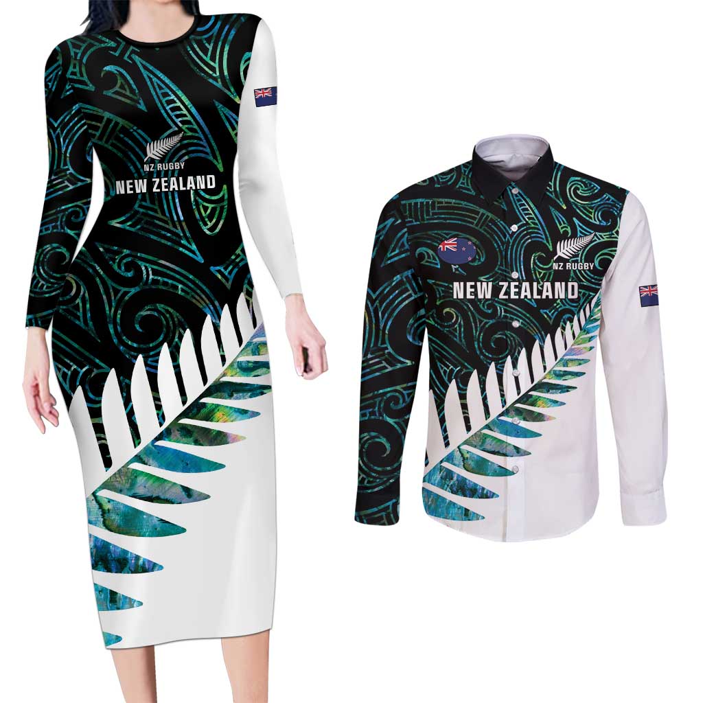 New Zealand Silver Fern Rugby Custom Couples Matching Long Sleeve Bodycon Dress and Long Sleeve Button Shirt Go All Black Turquoise Maori Paua Shell LT14 Turquoise - Polynesian Pride