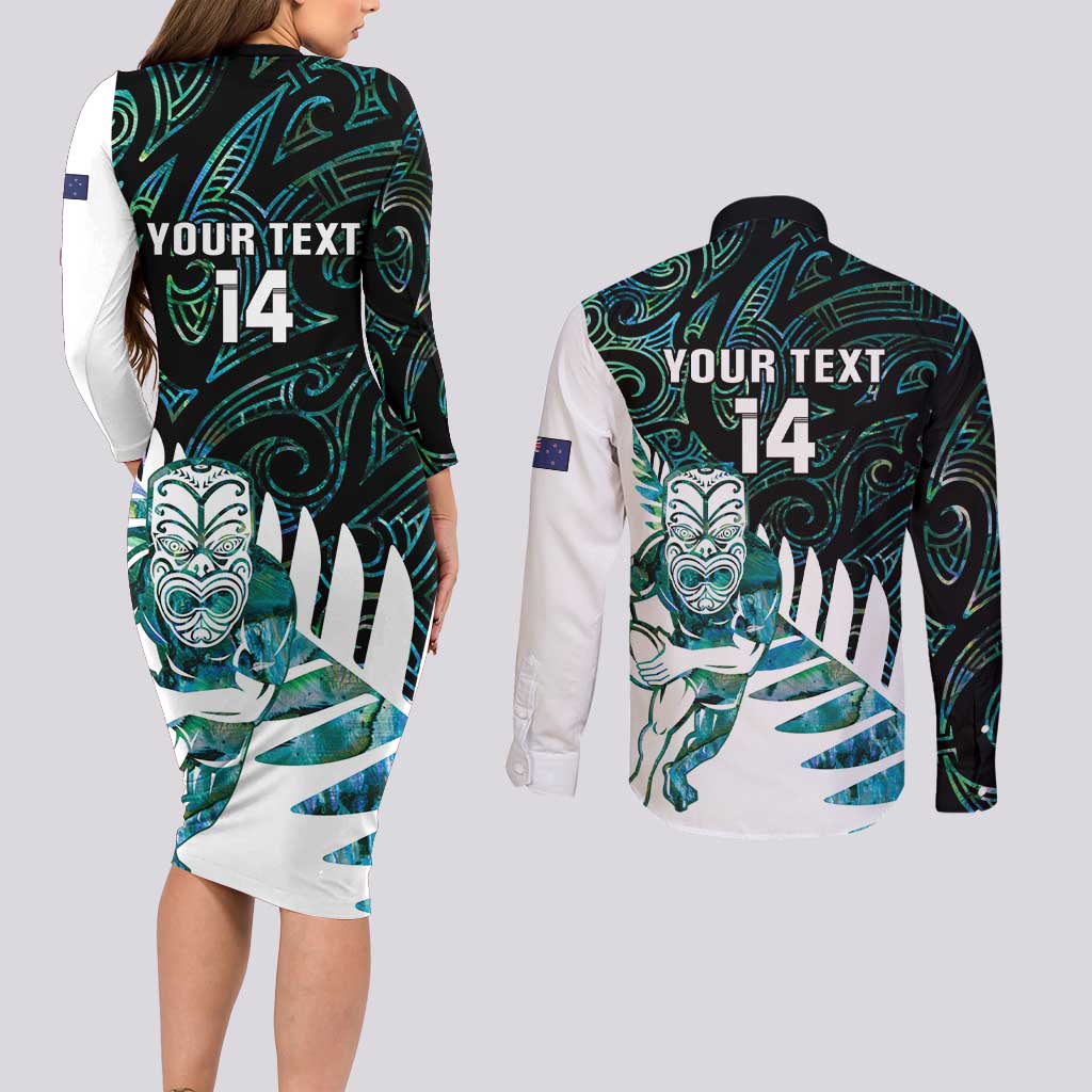 New Zealand Silver Fern Rugby Custom Couples Matching Long Sleeve Bodycon Dress and Long Sleeve Button Shirt Go All Black Turquoise Maori Paua Shell LT14 - Polynesian Pride