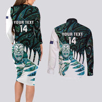 New Zealand Silver Fern Rugby Custom Couples Matching Long Sleeve Bodycon Dress and Long Sleeve Button Shirt Go All Black Turquoise Maori Paua Shell LT14 - Polynesian Pride