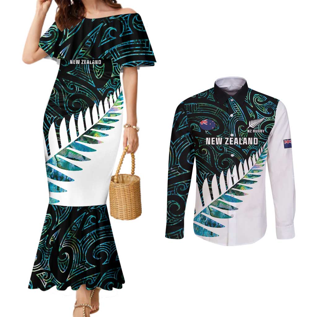 New Zealand Silver Fern Rugby Custom Couples Matching Mermaid Dress and Long Sleeve Button Shirt Go All Black Turquoise Maori Paua Shell LT14 Turquoise - Polynesian Pride