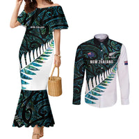 New Zealand Silver Fern Rugby Custom Couples Matching Mermaid Dress and Long Sleeve Button Shirt Go All Black Turquoise Maori Paua Shell LT14 Turquoise - Polynesian Pride
