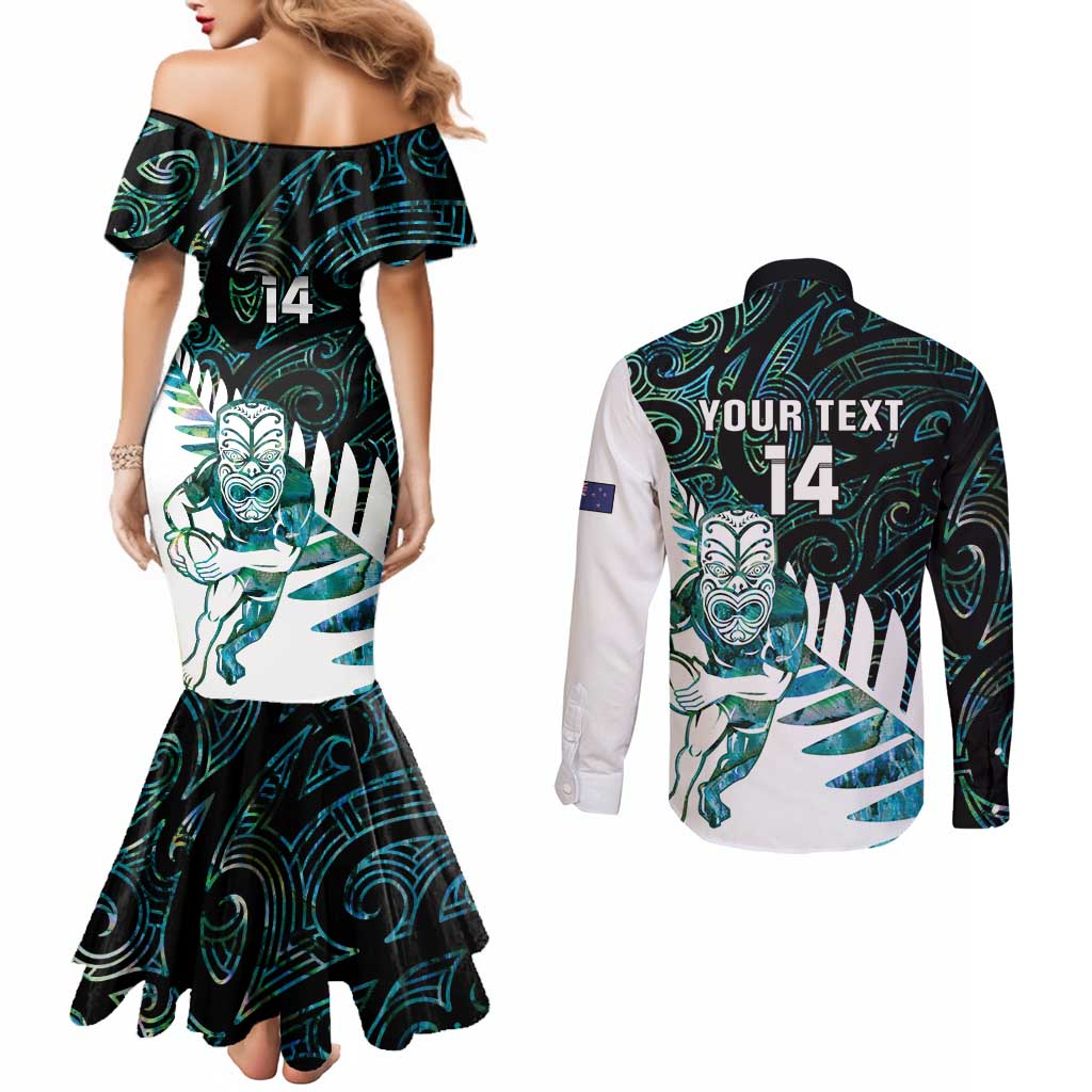 New Zealand Silver Fern Rugby Custom Couples Matching Mermaid Dress and Long Sleeve Button Shirt Go All Black Turquoise Maori Paua Shell LT14 - Polynesian Pride