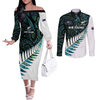 New Zealand Silver Fern Rugby Custom Couples Matching Off The Shoulder Long Sleeve Dress and Long Sleeve Button Shirt Go All Black Turquoise Maori Paua Shell LT14 Turquoise - Polynesian Pride