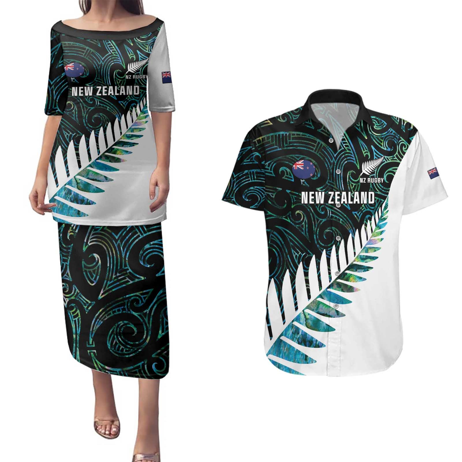 New Zealand Silver Fern Rugby Custom Couples Matching Puletasi and Hawaiian Shirt Go All Black Turquoise Maori Paua Shell - Polynesian Pride