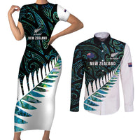 New Zealand Silver Fern Rugby Custom Couples Matching Short Sleeve Bodycon Dress and Long Sleeve Button Shirt Go All Black Turquoise Maori Paua Shell LT14 Turquoise - Polynesian Pride