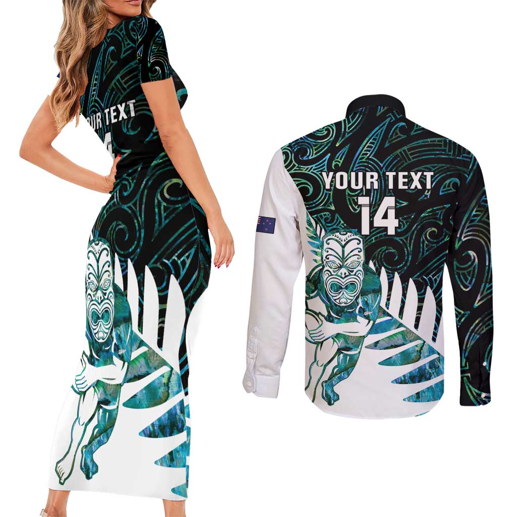 New Zealand Silver Fern Rugby Custom Couples Matching Short Sleeve Bodycon Dress and Long Sleeve Button Shirt Go All Black Turquoise Maori Paua Shell LT14 - Polynesian Pride