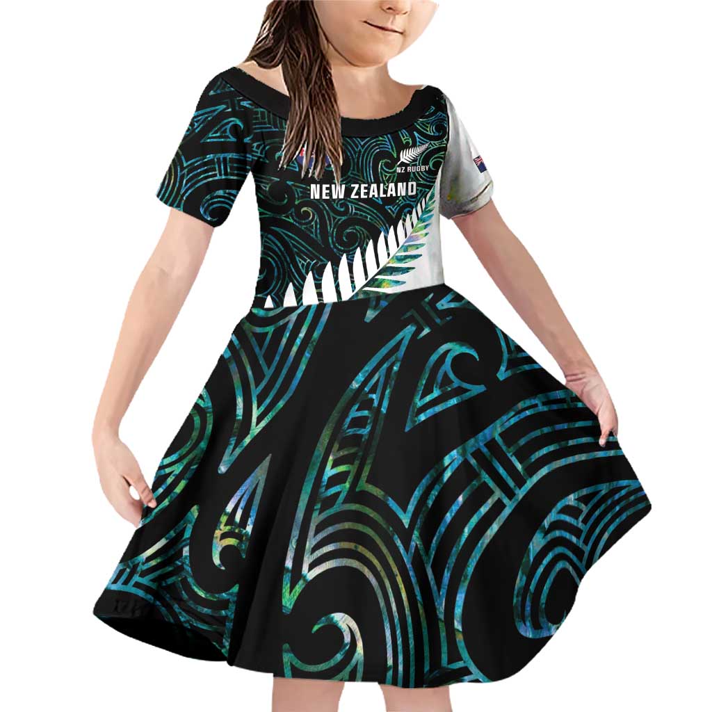 New Zealand Silver Fern Rugby Custom Family Matching Off Shoulder Short Dress and Hawaiian Shirt Go All Black Turquoise Maori Paua Shell - Polynesian Pride