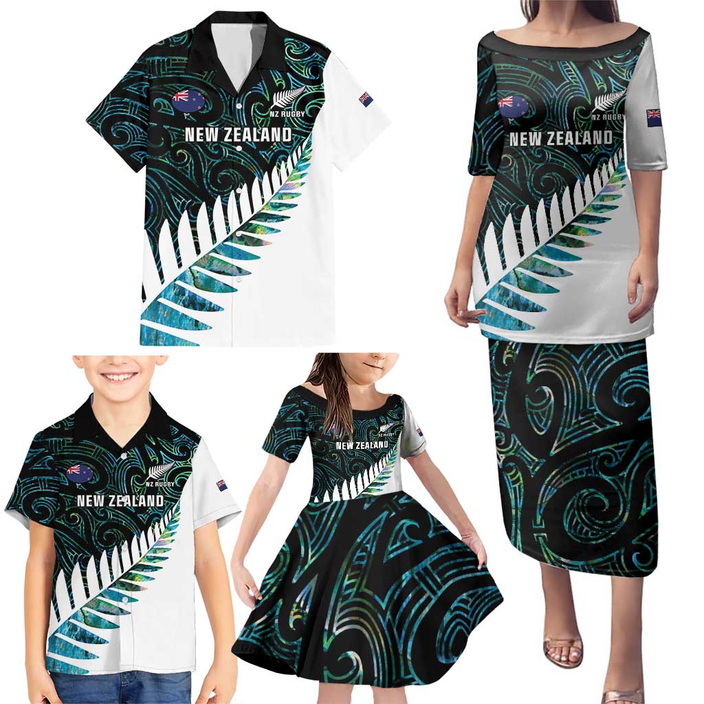 New Zealand Silver Fern Rugby Custom Family Matching Puletasi and Hawaiian Shirt Go All Black Turquoise Maori Paua Shell - Polynesian Pride