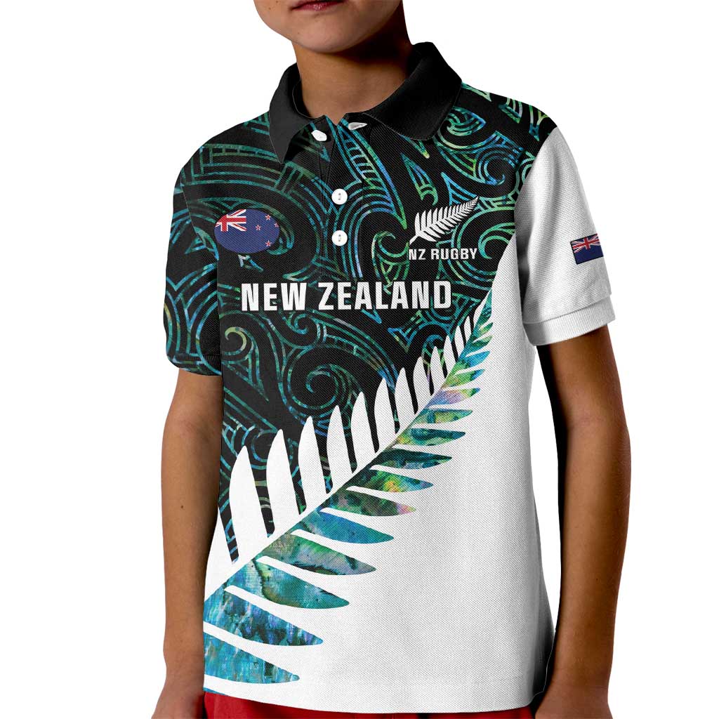 New Zealand Silver Fern Rugby Custom Kid Polo Shirt Go All Black Turquoise Maori Paua Shell LT14 Kid Turquoise - Polynesian Pride