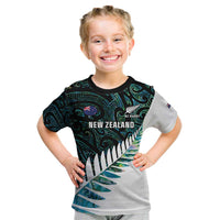 New Zealand Silver Fern Rugby Custom Kid T Shirt Go All Black Turquoise Maori Paua Shell - Polynesian Pride