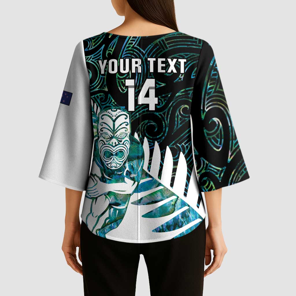 New Zealand Silver Fern Rugby Custom Kimono Sleeve Blouse Go All Black Turquoise Maori Paua Shell - Polynesian Pride