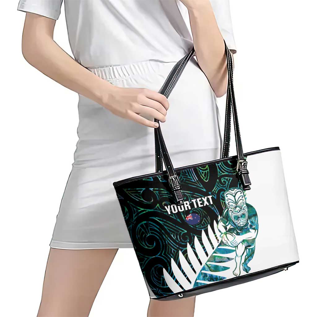 New Zealand Silver Fern Rugby Custom Leather Tote Bag Go All Black Turquoise Maori Paua Shell - Polynesian Pride