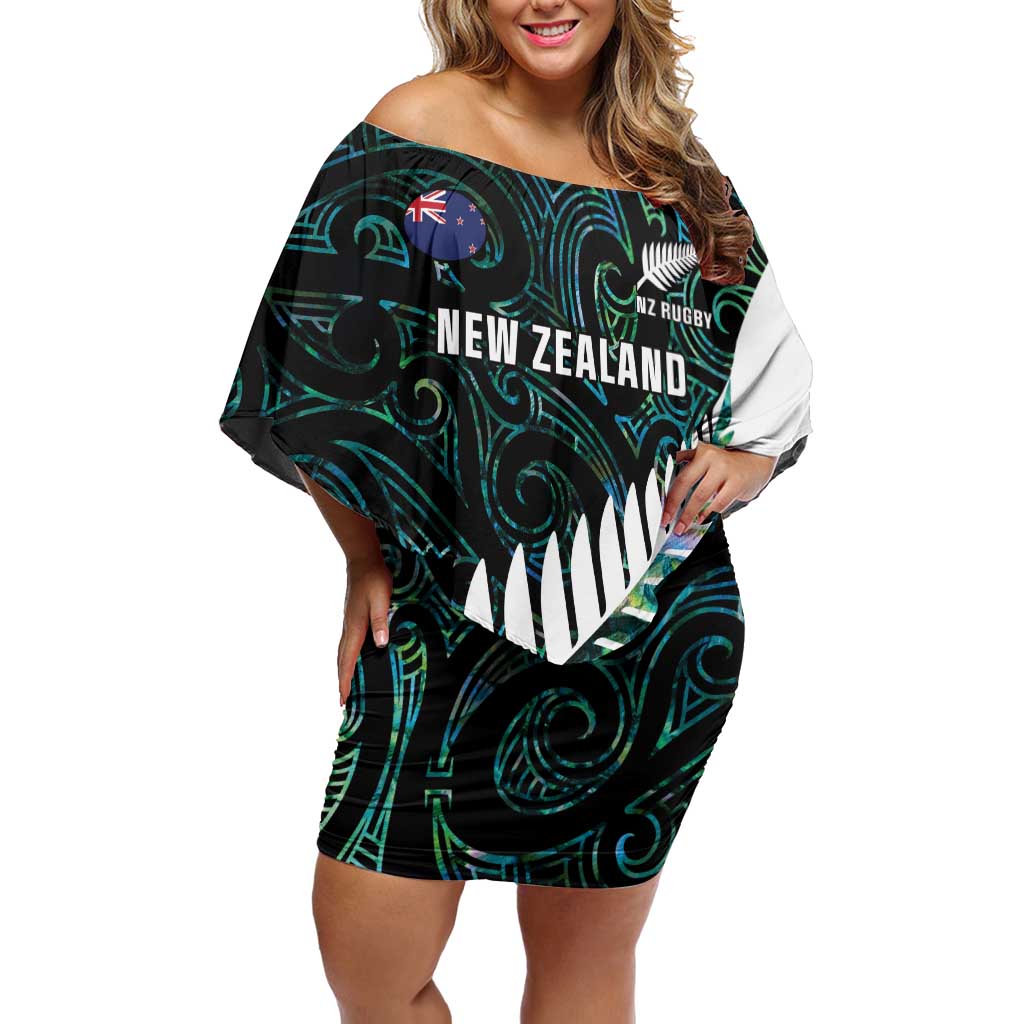 New Zealand Silver Fern Rugby Custom Off Shoulder Short Dress Go All Black Turquoise Maori Paua Shell - Polynesian Pride