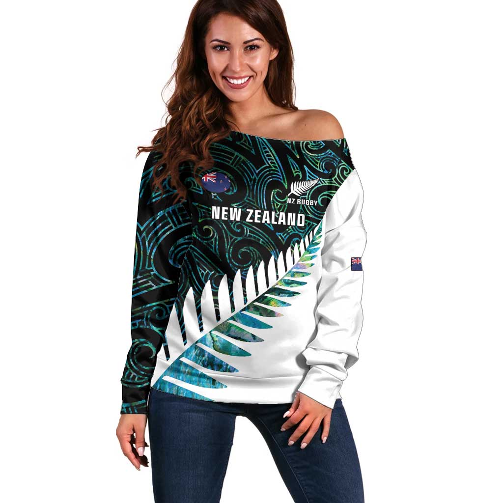 New Zealand Silver Fern Rugby Custom Off Shoulder Sweater Go All Black Turquoise Maori Paua Shell - Polynesian Pride