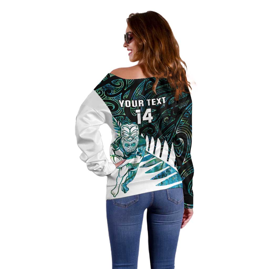 New Zealand Silver Fern Rugby Custom Off Shoulder Sweater Go All Black Turquoise Maori Paua Shell - Polynesian Pride
