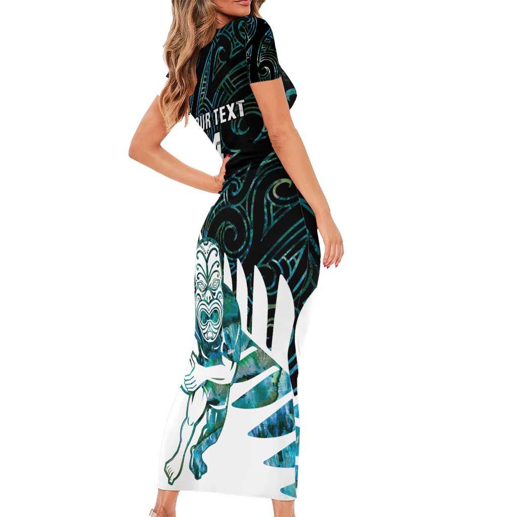 New Zealand Silver Fern Rugby Custom Short Sleeve Bodycon Dress Go All Black Turquoise Maori Paua Shell - Polynesian Pride