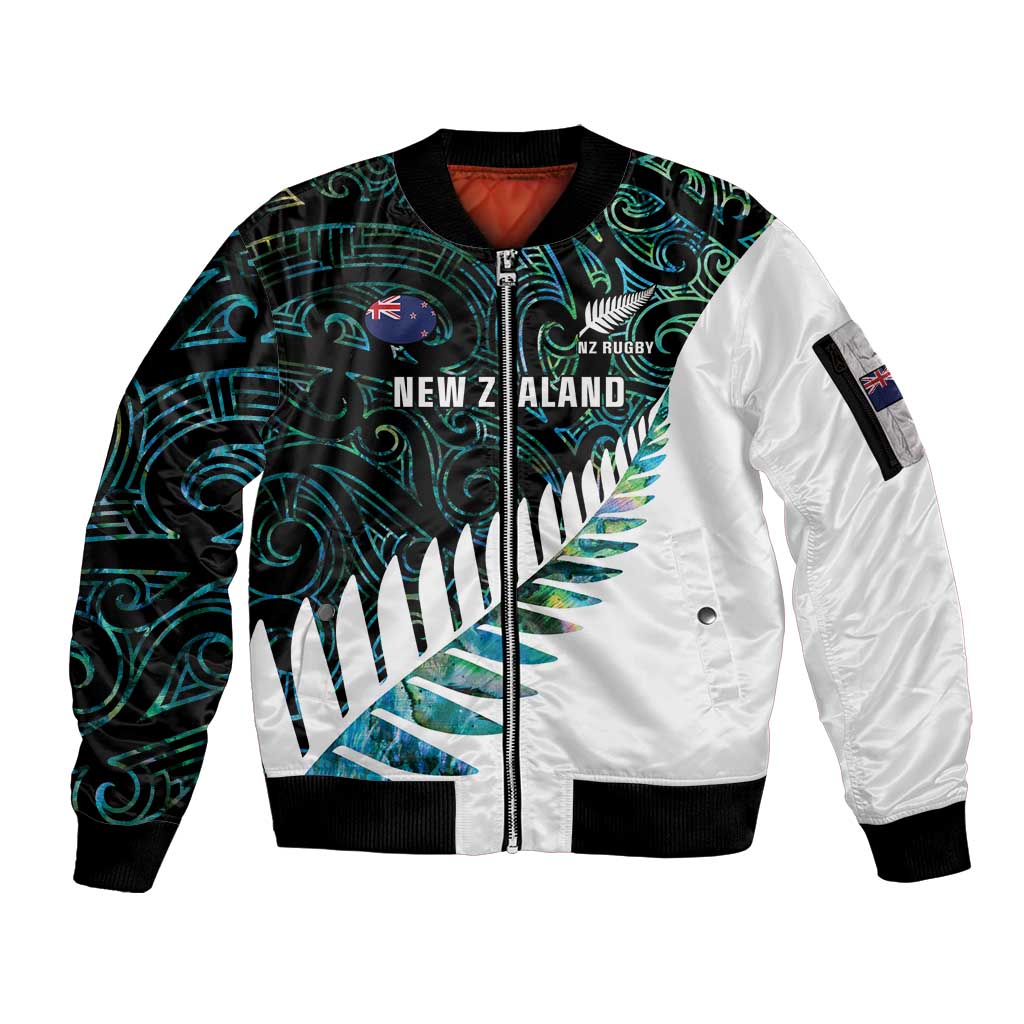 New Zealand Silver Fern Rugby Custom Sleeve Zip Bomber Jacket Go All Black Turquoise Maori Paua Shell LT14 Unisex Turquoise - Polynesian Pride