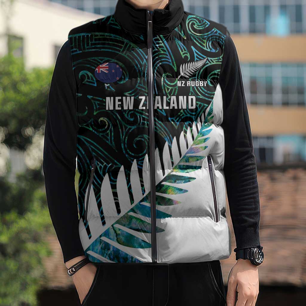 New Zealand Silver Fern Rugby Custom Sleeveless Puffer Jacket Go All Black Turquoise Maori Paua Shell - Polynesian Pride