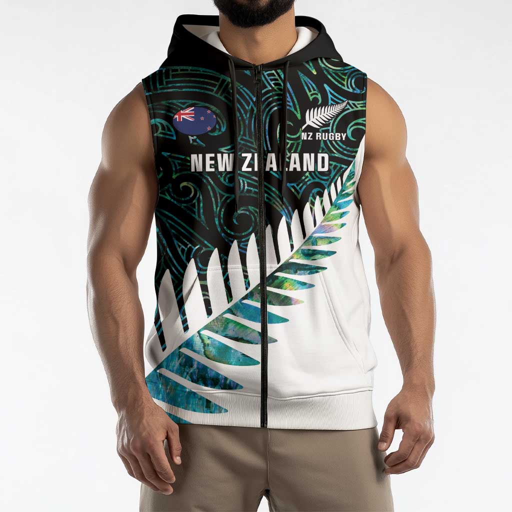 New Zealand Silver Fern Rugby Custom Sleeveless Zip Hoodie Go All Black Turquoise Maori Paua Shell - Polynesian Pride
