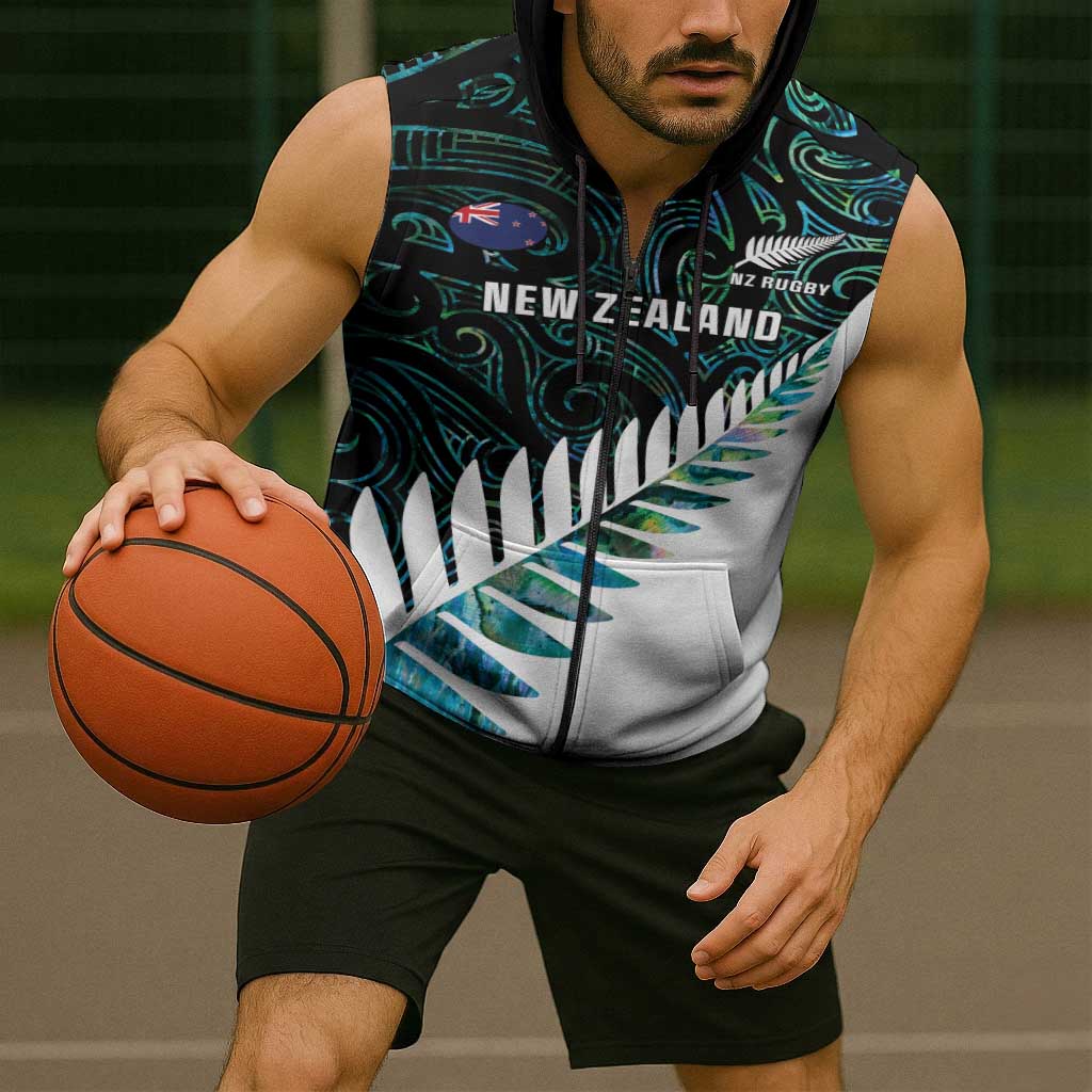 New Zealand Silver Fern Rugby Custom Sleeveless Zip Hoodie Go All Black Turquoise Maori Paua Shell - Polynesian Pride
