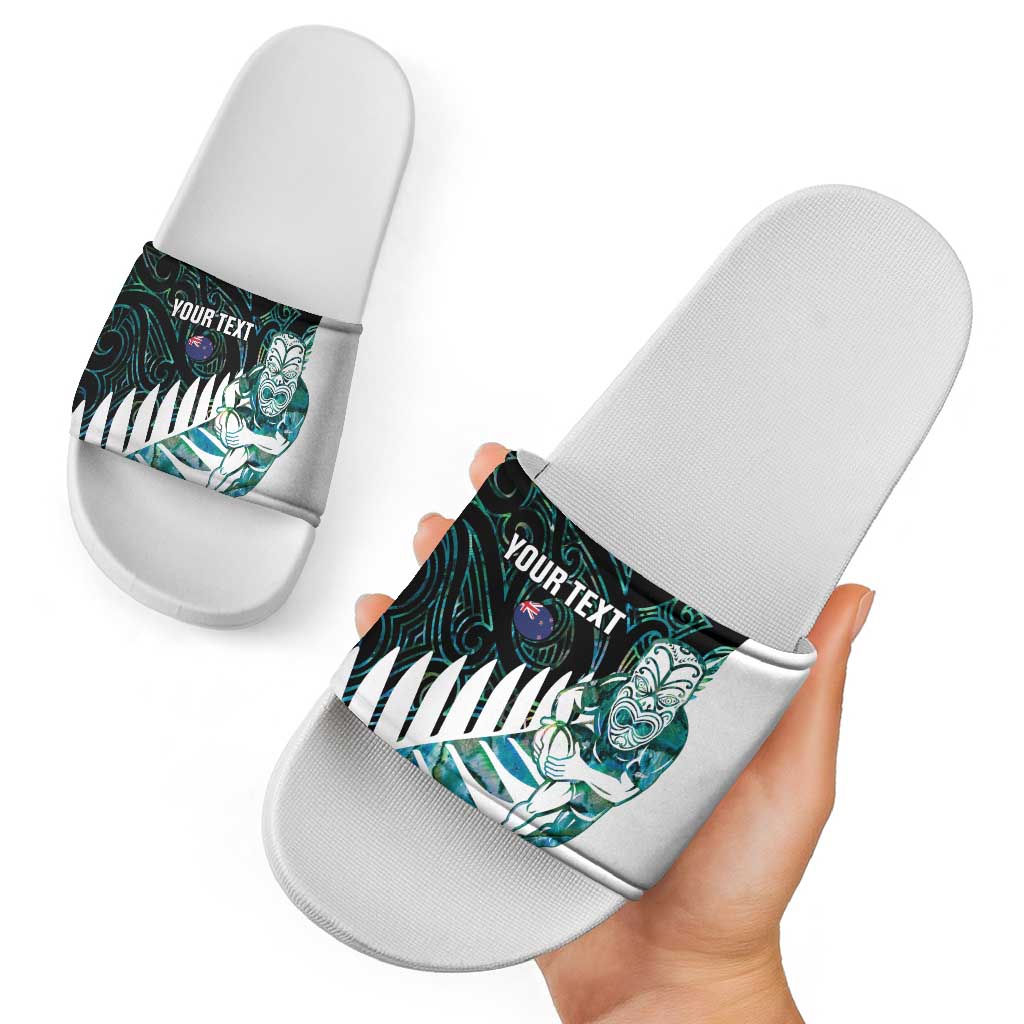 New Zealand Silver Fern Rugby Custom Slide Sandals Go All Black Turquoise Maori Paua Shell LT14 - Polynesian Pride