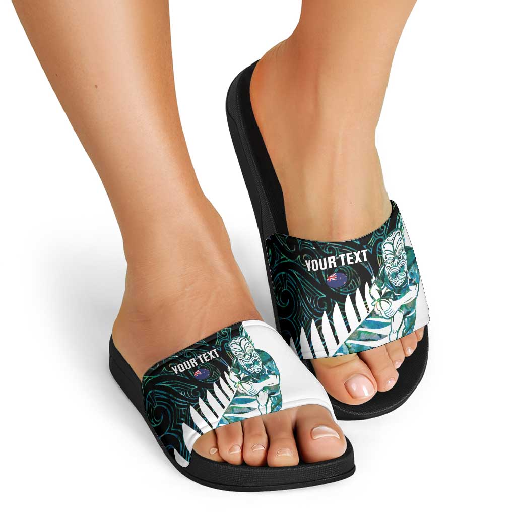 New Zealand Silver Fern Rugby Custom Slide Sandals Go All Black Turquoise Maori Paua Shell LT14 - Polynesian Pride