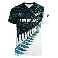 New Zealand Silver Fern Rugby Custom Women V-Neck T-Shirt Go All Black Turquoise Maori Paua Shell LT14 Female Turquoise - Polynesian Pride