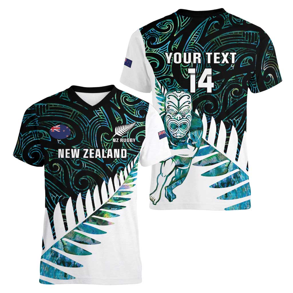 New Zealand Silver Fern Rugby Custom Women V-Neck T-Shirt Go All Black Turquoise Maori Paua Shell LT14 - Polynesian Pride
