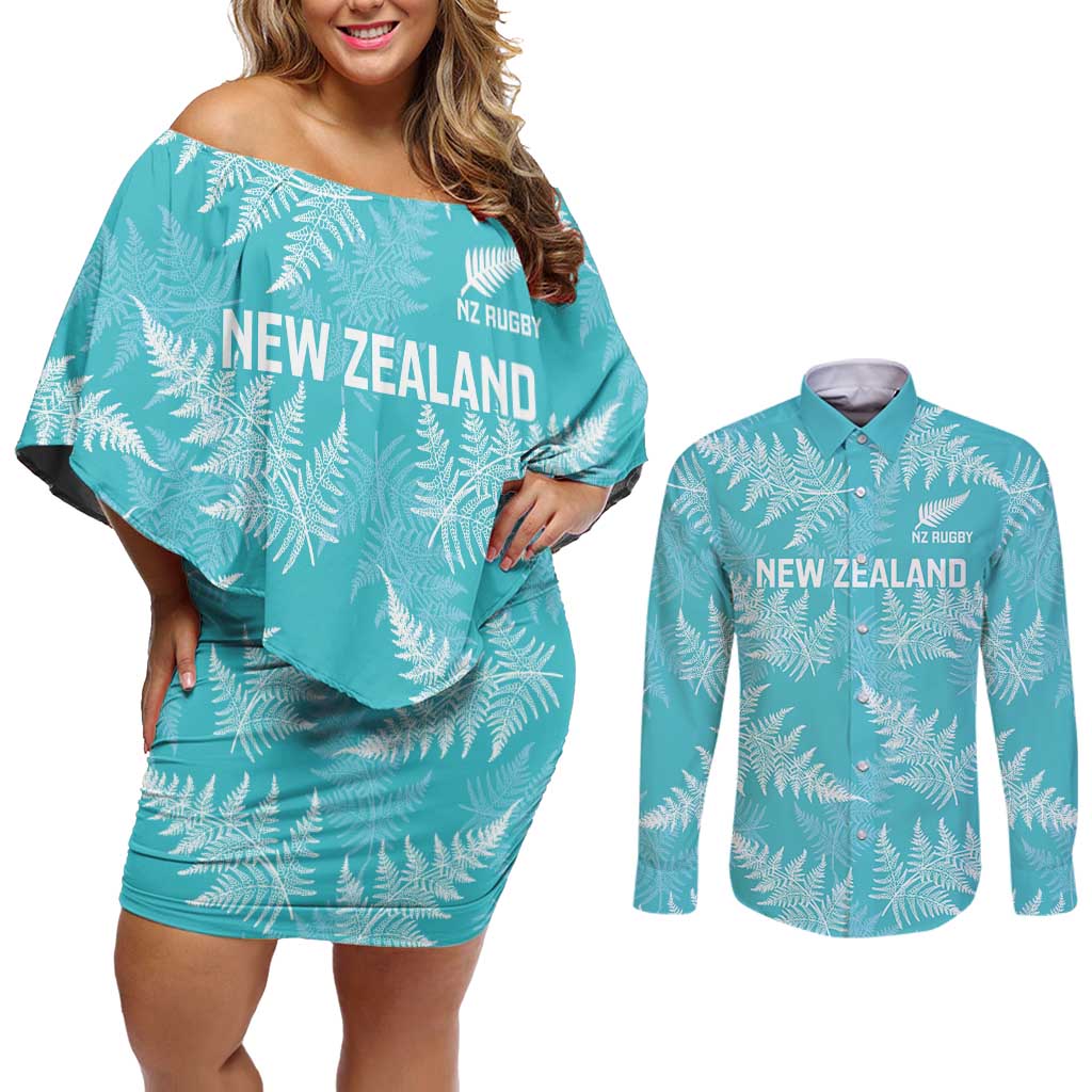 New Zealand Silver Fern Rugby Custom Couples Matching Off Shoulder Short Dress and Long Sleeve Button Shirt Go Aotearoa Champions Turquoise Version - Polynesian Pride