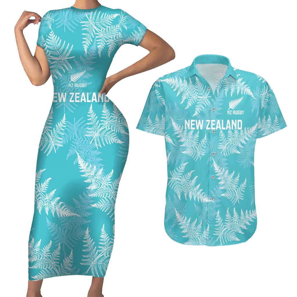 New Zealand Silver Fern Rugby Custom Couples Matching Short Sleeve Bodycon Dress and Hawaiian Shirt Go Aotearoa Champions Turquoise Version - Polynesian Pride