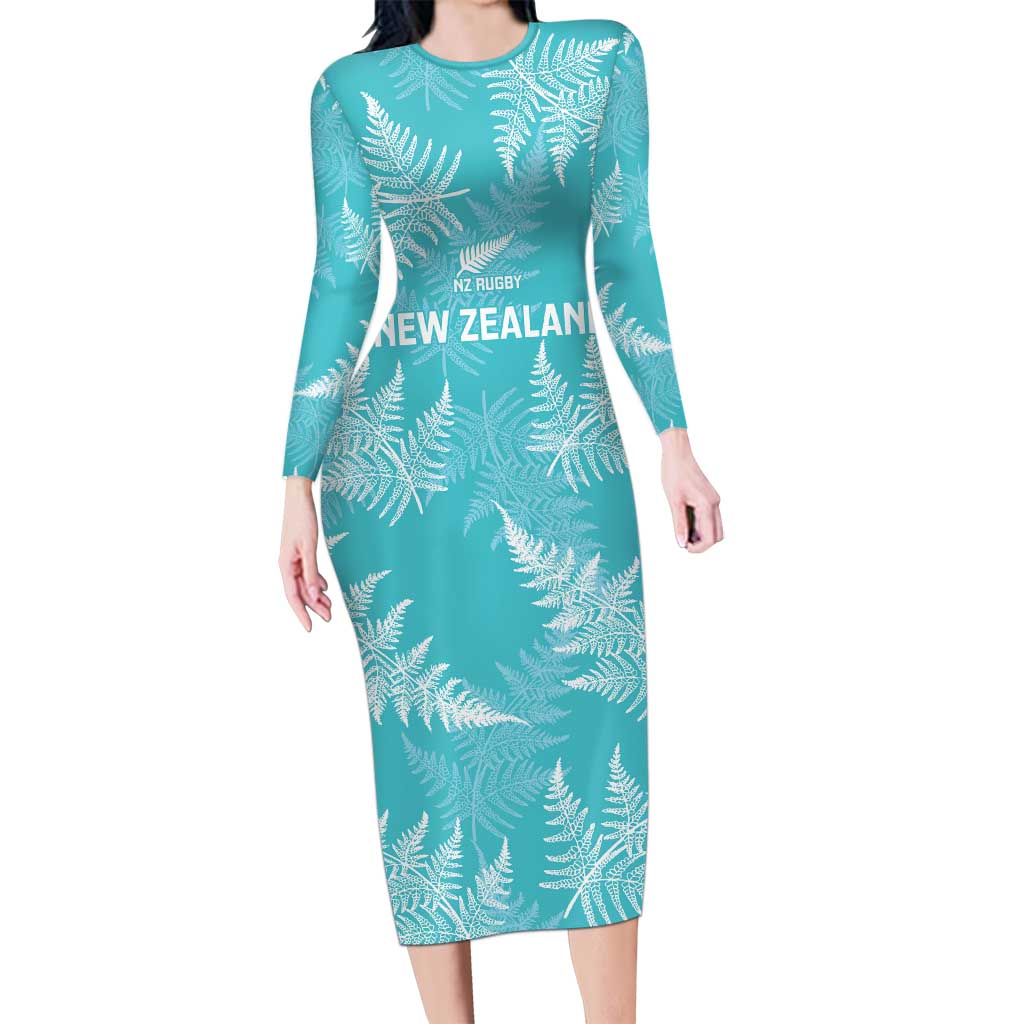 New Zealand Silver Fern Rugby Custom Family Matching Long Sleeve Bodycon Dress and Hawaiian Shirt Go Aotearoa Champions Turquoise Version - Polynesian Pride
