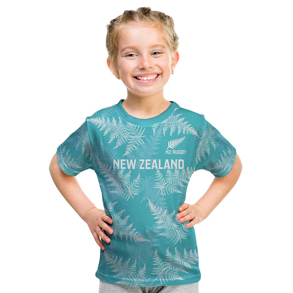 New Zealand Silver Fern Rugby Custom Kid T Shirt Go Aotearoa Champions Turquoise Version - Polynesian Pride