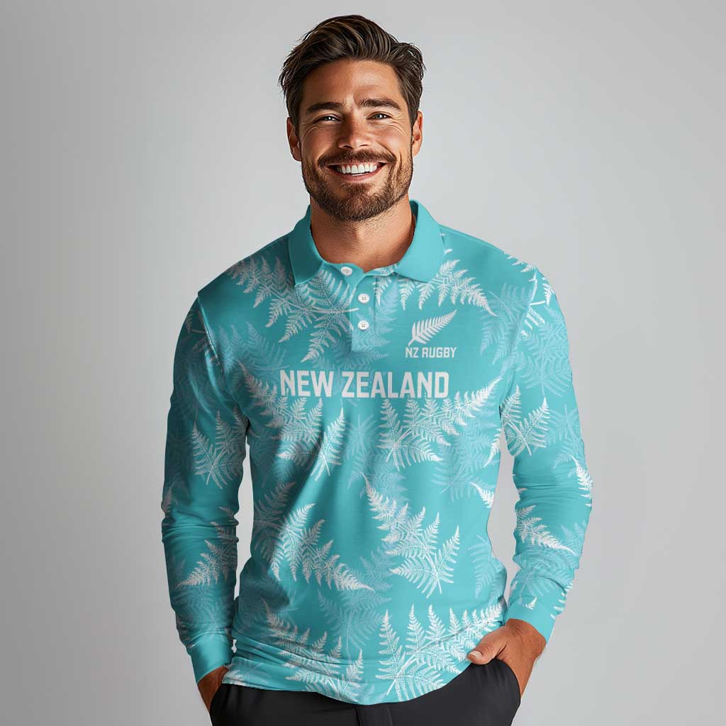 New Zealand Silver Fern Rugby Custom Long Sleeve Polo Shirt Go Aotearoa Champions Turquoise Version LT14 - Polynesian Pride