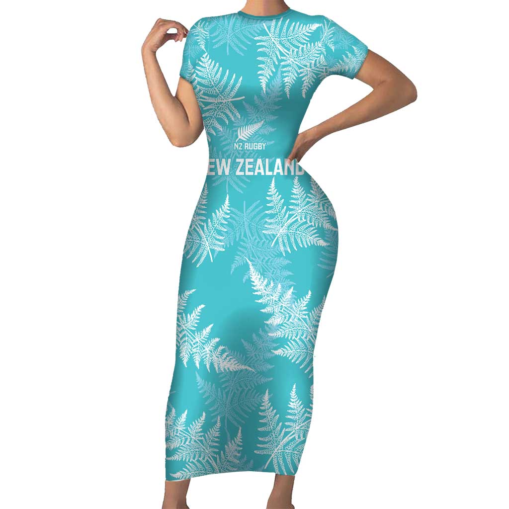 New Zealand Silver Fern Rugby Custom Short Sleeve Bodycon Dress Go Aotearoa Champions Turquoise Version - Polynesian Pride