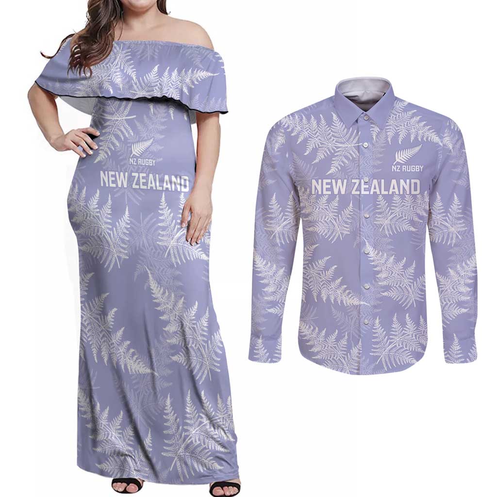 New Zealand Silver Fern Rugby Custom Couples Matching Off Shoulder Maxi Dress and Long Sleeve Button Shirt Go Aotearoa Champions Purple Version - Polynesian Pride