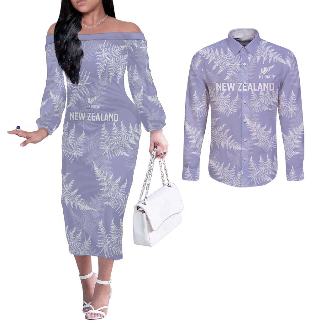 New Zealand Silver Fern Rugby Custom Couples Matching Off The Shoulder Long Sleeve Dress and Long Sleeve Button Shirt Go Aotearoa Champions Purple Version - Polynesian Pride