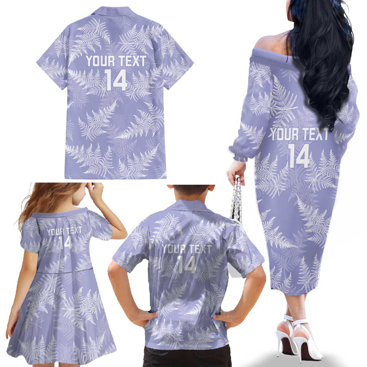 New Zealand Silver Fern Rugby Custom Family Matching Off The Shoulder Long Sleeve Dress and Hawaiian Shirt Go Aotearoa Champions Purple Version - Polynesian Pride