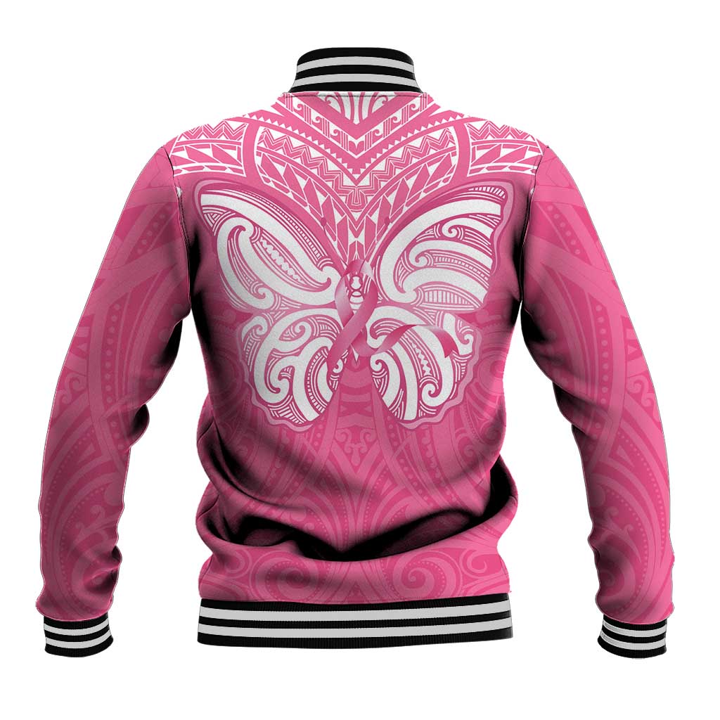 New Zealand Breast Cancer Awareness Baseball Jacket Maori Butterfly Pink Ribbon - Polynesian Pride