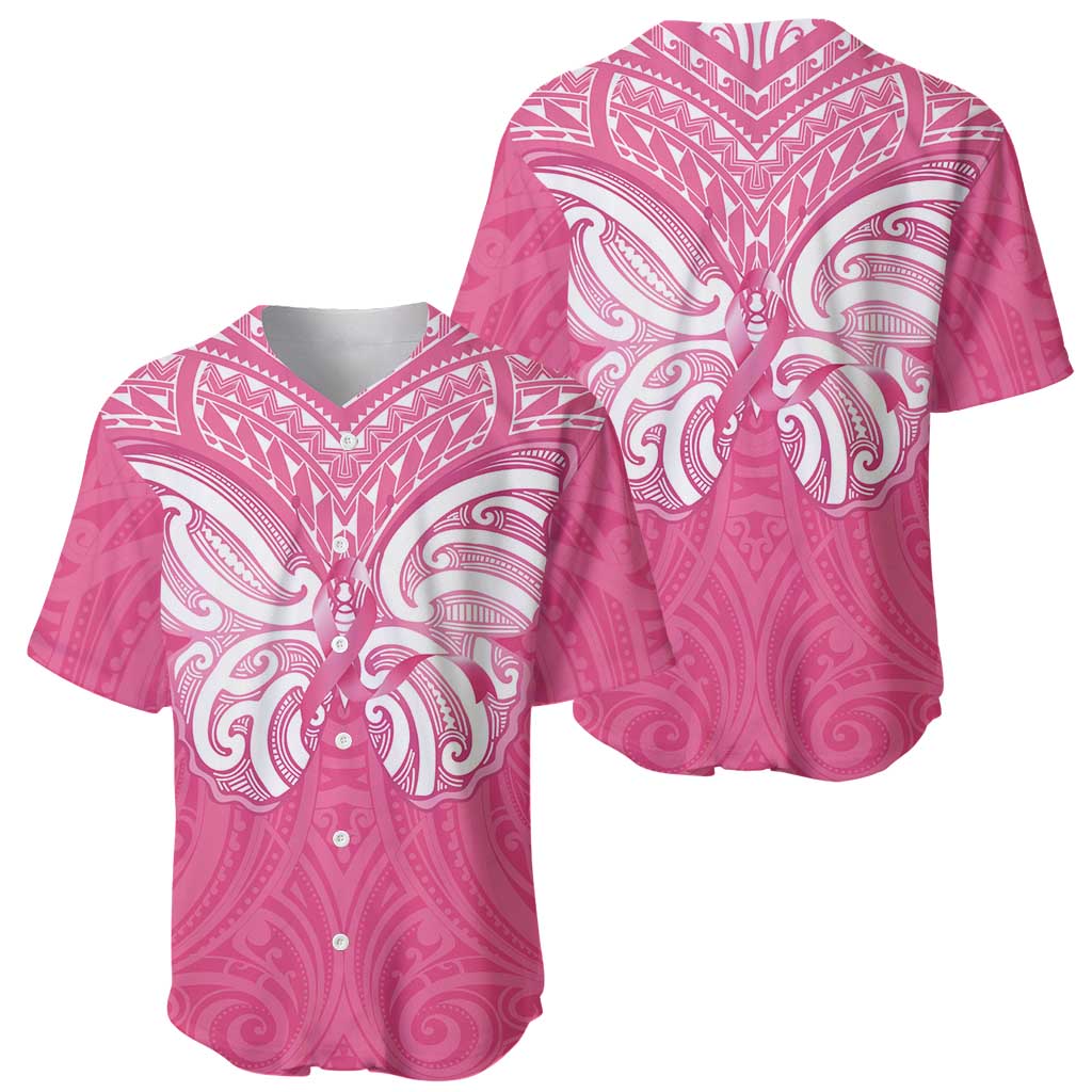 New Zealand Breast Cancer Awareness Baseball Jersey Maori Butterfly Pink Ribbon - Polynesian Pride